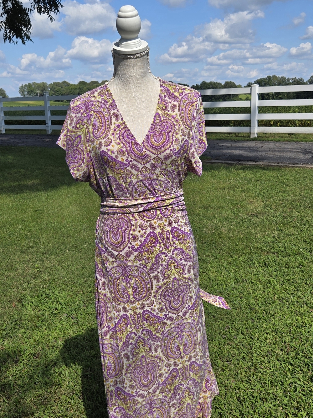 Banana Republic Cap Sleeve WRAP Dress Purple Yellow Green PAISLEY Stretch Sz XL